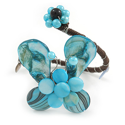 Light Blue Sea Shell Bead Butterfly Silver Wire Flex Cuff Bracelet - Adjustable - main view