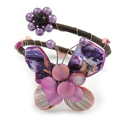 Purple/ Pink Sea Shell Bead Butterfly Silver Wire Flex Cuff Bracelet - Adjustable - main view