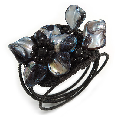 Black Shell Bead Flower Wired Flex Bracelet - Adjustable
