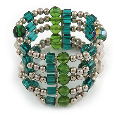 Statement Wide Green Glass and Silver Acrylic Bead Multistrand Flex Bracelet - 18cm (Adjustable)