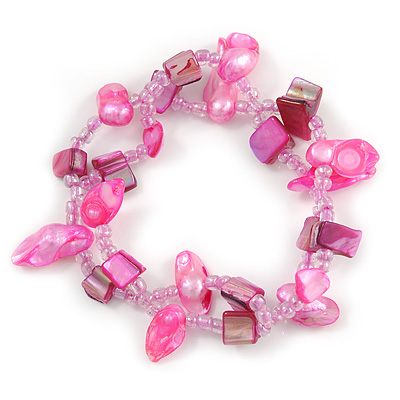 Pink Sea Shell Nugget, Glass Bead Loop Flex Bracelet - 18cm L - main view
