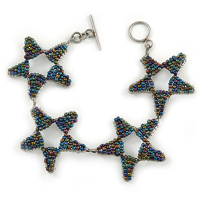 Peacock Glass Bead Star Bracelet In Silver Tone - 18cm Long - main view
