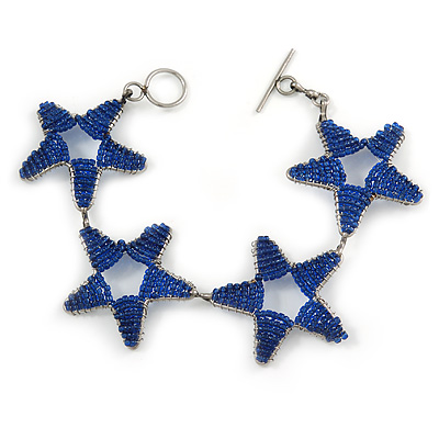 Blue Glass Bead Star Bracelet In Silver Tone - 18cm Long