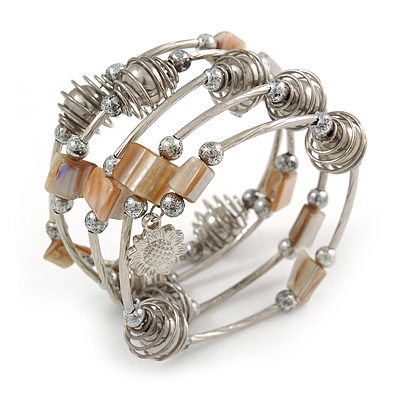 Multistrand Wired Metal Bead and Shell Nugget Flex Bracelet In Silver Tone - (Antique White) - main view