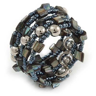 Stylish Glass Bead, Metal Ball, Sea Shell Nugget Flex Coiled Bracelet ( Hematite, Silver, Dark Grey) - Adjustable - main view