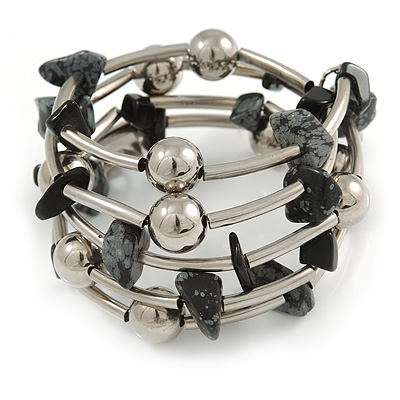 Black/ Grey Semiprecious Stone with Silver Tone Mirrored Metal Ball Coiled Flex Bracelet - Adjustable - main view