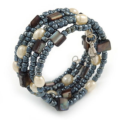 Stylish Glass Bead, Faux Pearl, Sea Shell Nugget Flex Coiled Bracelet ( Hematite, Cream, Dark Grey) - Adjustable - main view