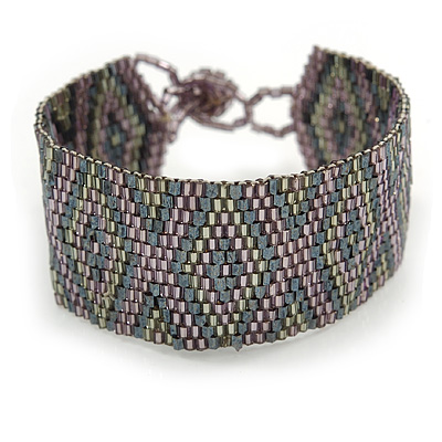 Handmade Geometric Glass Bead Bracelet (Grey/ Purple) - 17cm L - main view