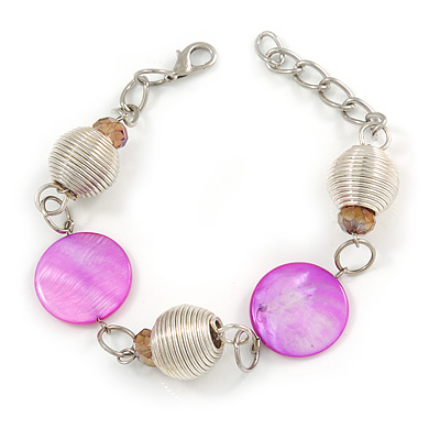 Silver Tone Wired Balls and Fuchsia Sea Shell Beads Bracelet - 21cm L/ 3cm Ext - main view