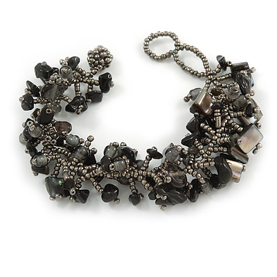 Black/ Grey Stone, Glass, Shell Cluster Bead Bracelet - 17cm L - main view