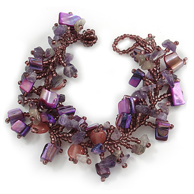 Purple/ Amethyst/ Violet Stone, Glass, Shell Cluster Bead Bracelet - 17cm L - main view