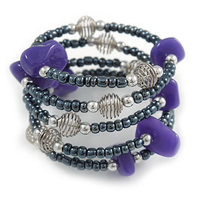 Grey Glass Bead Purple Glass Nugget Multistrand Coiled Flex Bracelet - Adjustable - main view