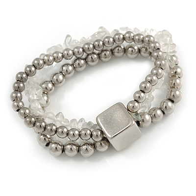 Multistrand Silver Metal Bead, Transparent Semiprecious Nugget Flex Bracelet - 18cm L - main view