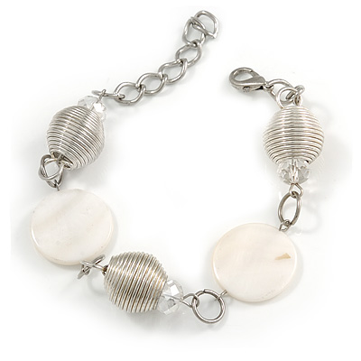 Silver Tone Wired Balls and White Sea Shell Beads Bracelet - 18cm L/ 5cm Ext - main view