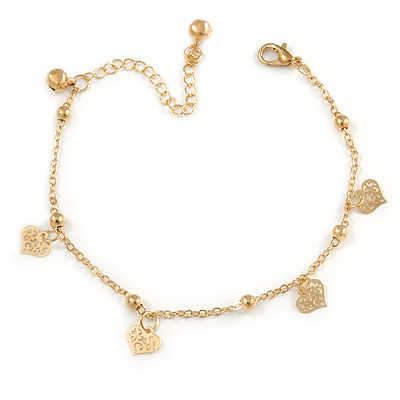 Ankle Chain/ Anklet/ Beach Anklet Foot Jewellery with Heart Charms for Women Girl In Gold Tone Metal - 19cm L/ 6cm Ext - main view
