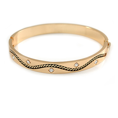 Gold Plated Oval Bangle Bracelet with Clear Crystal Accent - 18cm L - main view