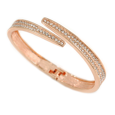 Stylish Clear Crystal Geometric Hinged Bangle Bracelet In Rose Gold Tone - 19cm L - main view