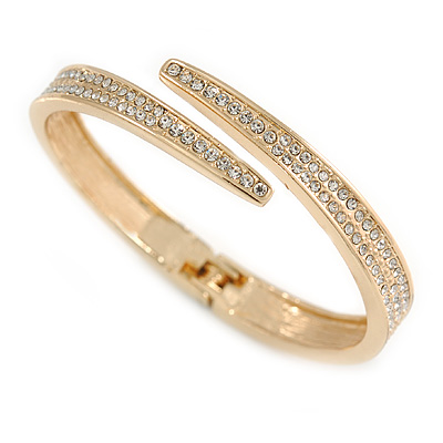 Stylish Clear Crystal Geometric Hinged Bangle Bracelet In Gold Tone - 19cm L - main view