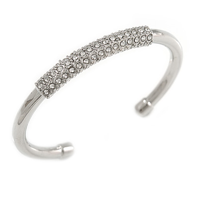 Silver Plated Polished Crystal Bar Cuff Bracelet - 19cm L