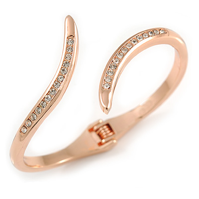 Rose Gold Tone Clear Crystal 'Parallel Paths' Hinged Bangle Bracelet - 19cm L - main view