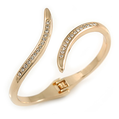 Gold Plated Clear Crystal 'Parallel Paths' Hinged Bangle Bracelet - 19cm L - main view