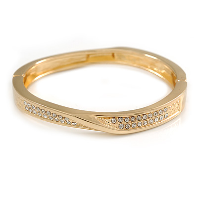 Gold Plated Clear Crystal 'Twist' Hinged Bangle Bracelet - 19cm L
