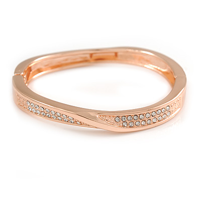 Rose Gold Tone Clear Crystal 'Twist' Hinged Bangle Bracelet - 19cm L - main view