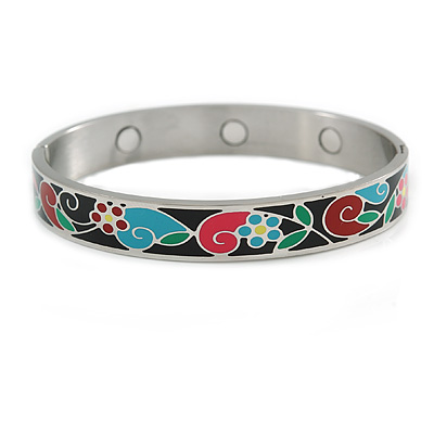 Multicoloured Floral Stainless Steel Magnetic Bangle Bracelet with Six Magnets - 18cm L - main view