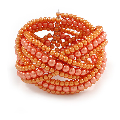 Orange Peach Glass Bead Plaited Flex Cuff Bracelet - Adjustable - main view