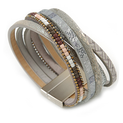 Stylish Grey Faux Leather with Bead Detailing Magnetic Bracelet In Matt Silver Finish - 18cm L
