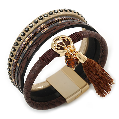 Stylish Brown Faux Leather with Tassel, Glass Beads and Crystal Detailing Magnetic Bracelet In Matt Gold Finish - 18cm L