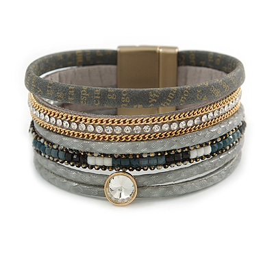 Stylish Grey Faux Leather with Crystal Detailing Magnetic Bracelet In Gold Finish - 18cm L