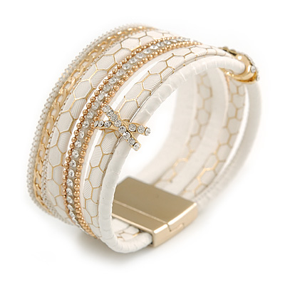 Stylish White Faux Leather with Crystal Detailing Magnetic Bracelet In Gold Finish - 18cm L - main view