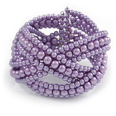 Purple Glass Bead Plaited Flex Cuff Bracelet - Adjustable