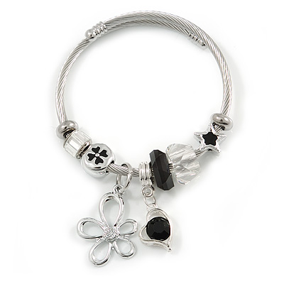 Fancy Charm (Flower, Star, Heart, Crystal Beads) Flex Twisted Cable Cuff Bracelet In Silver Tone Metal - Adjustable - 17cm L