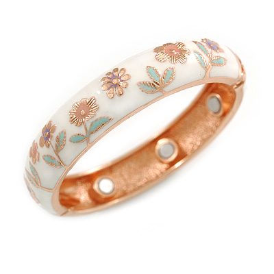 White Enamel Floral Copper Magnetic Hinged Bangle Bracelet with Six Magnets - 19cm L - main view
