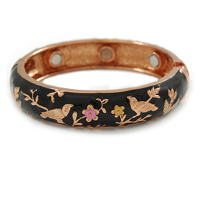 Black Enamel Bird and Flower Copper Magnetic Hinged Bangle Bracelet with Six Magnets - 19cm L - main view