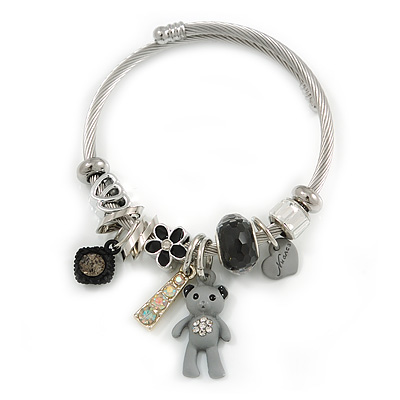Fancy Charm (Bear, Heart, Flower, Crystal Beads) Flex Twisted Cable Cuff Bracelet In Silver Tone Metal - Adjustable - 17cm L