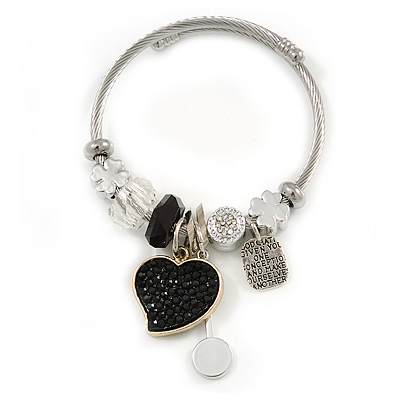 Fancy Charm (Heart, Flower, Crystal Beads) Flex Twisted Cable Cuff Bracelet In Silver Tone Metal - Adjustable - 17cm L