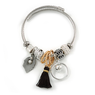 Fancy Charm (Tassel, Leaf, Crystal Beads) Flex Twisted Cable Cuff Bracelet In Silver Tone Metal - Adjustable - 17cm L