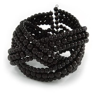 Black Glass Bead Plaited Flex Cuff Bracelet - Adjustable - main view