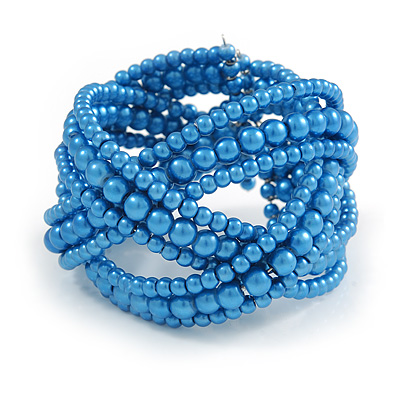 Blue Glass Bead Plaited Flex Cuff Bracelet - Adjustable - main view