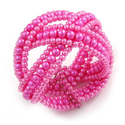 Pink Glass Bead Plaited Flex Cuff Bracelet - Adjustable - main view