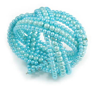 Light Blue Glass Bead Plaited Flex Cuff Bracelet - Adjustable - main view