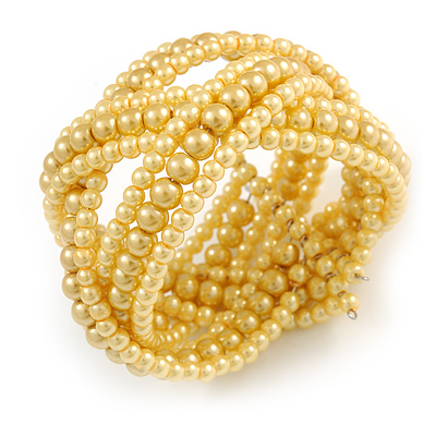Wide Light Yellow Glass Bead Plaited Flex Cuff Bracelet - Adjustable - main view