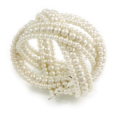 Wide White Glass Bead Plaited Flex Cuff Bracelet - Adjustable - main view