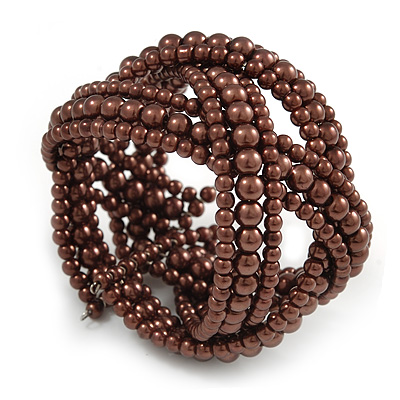 Wide Chocolate Brown Glass Bead Plaited Flex Cuff Bracelet - Adjustable - main view