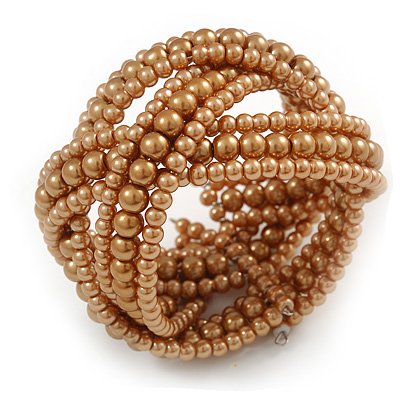 Wide Tan Brown Glass Bead Plaited Flex Cuff Bracelet - Adjustable - main view