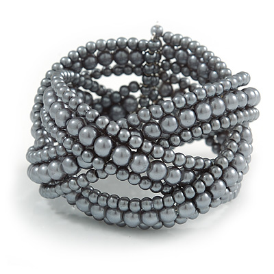 Wide Grey Glass Bead Plaited Flex Cuff Bracelet - Adjustable - main view