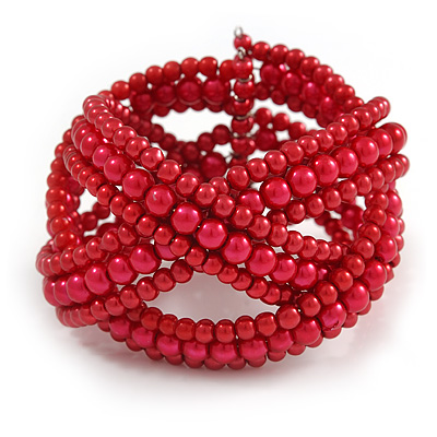 Wide Red Glass Bead Plaited Flex Cuff Bracelet - Adjustable - main view